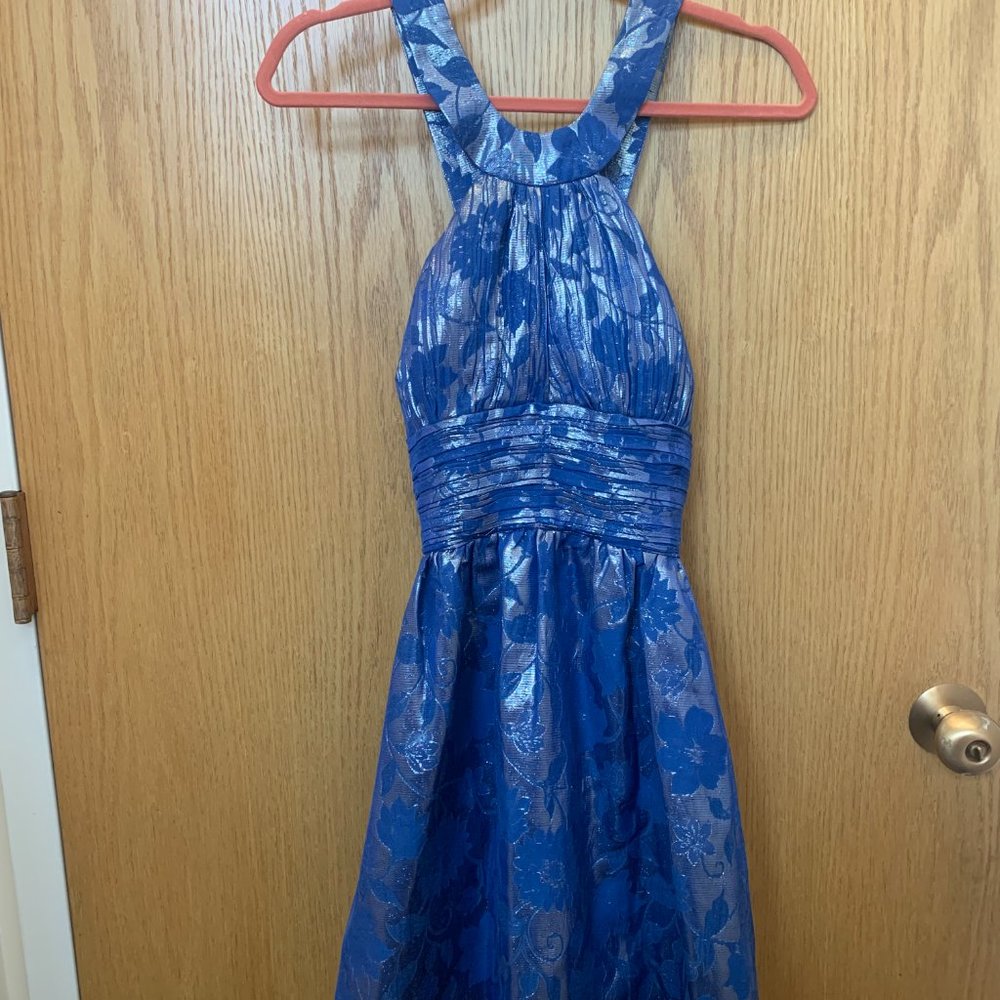 Very J Blue and Silver Brocade Retro Halter Mini Dress BRAND NEW; size: Medium